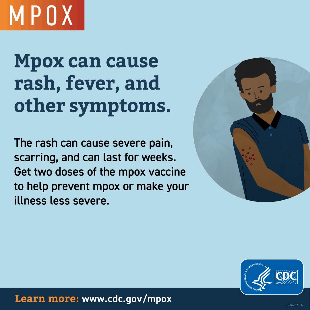 An illustration of a person with a rash on their upper arm and the text, mpox symptoms.