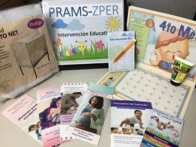 This is a picture of materials used by field staff from the Puerto Rico Department of Health when they administered the PRAMS-ZPER hospital survey to new parents.  The materials include brochures and a presentation on maternal postpartum care, infant care, and Zika prevention.  The tokens of appreciation that were given to survey participants are also pictured, and include a crib mosquito net, insect repellent, a calendar of the baby’s first year, and a small notepad and pen.