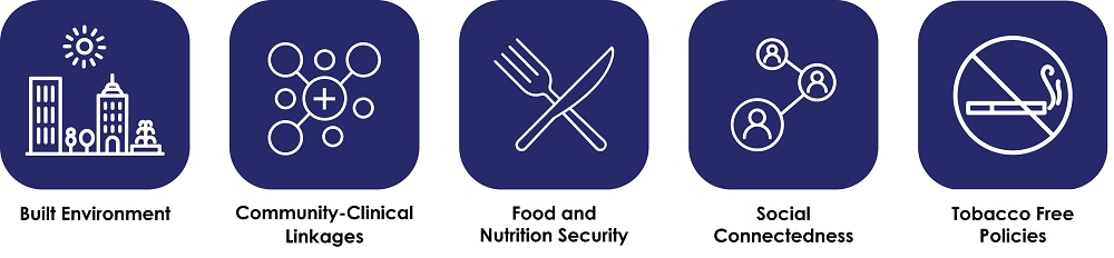 Built environment, community-clinical linkages, food and nutrition security, social connectedness, and tobacco free policies