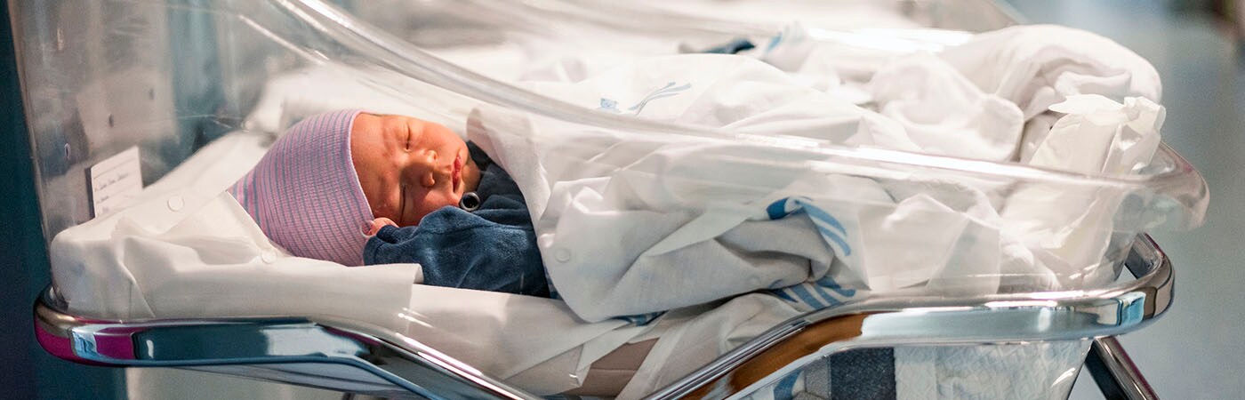 Newborn in a small baby bed in the hospital