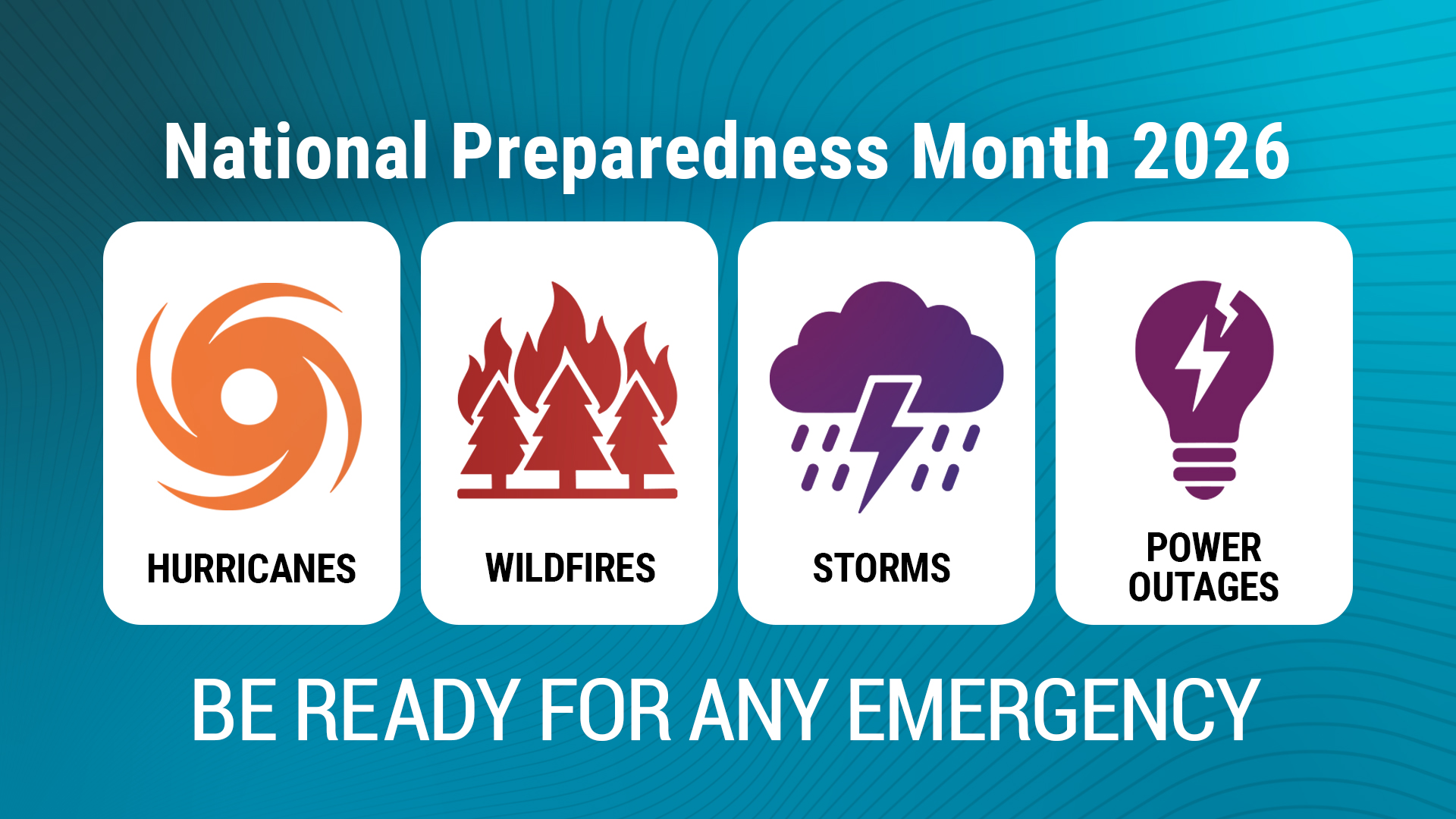 national preparedness month be ready for any emergency including hurricanes, wildfires, storms, and power outages