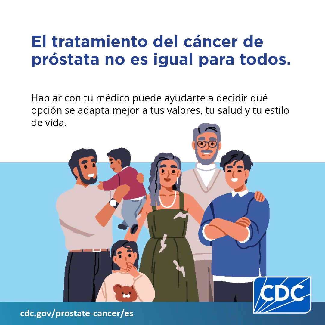 Una familia multigeneracional con texto que dice: El tratamiento del cáncer de próstata no es igual para todos. Hablar con tu médico puede ayudarte a decidir qué opción se adapta mejor a tus valores, tu salud y tu estilo de vida.