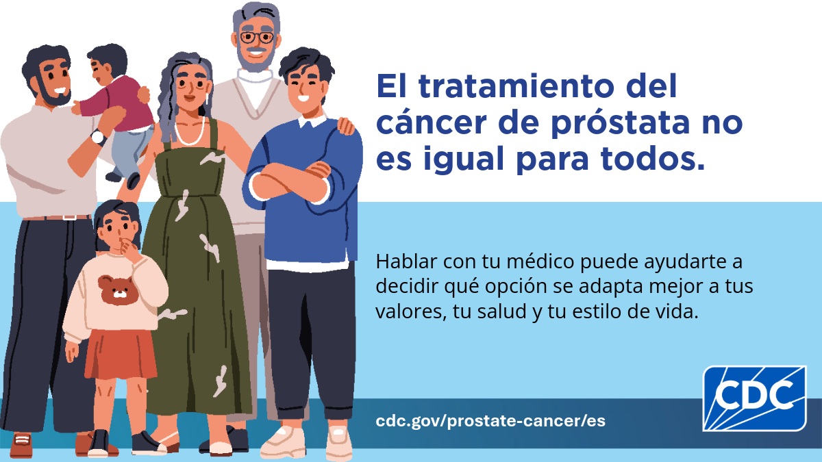 Una familia multigeneracional con texto que dice: El tratamiento del cáncer de próstata no es igual para todos. Hablar con tu médico puede ayudarte a decidir qué opción se adapta mejor a tus valores, tu salud y tu estilo de vida.