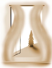 Illustration of curtains moving around an open window