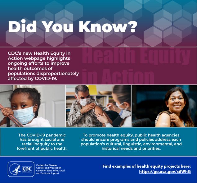 Did You Know? Health equity in action. CDC’s new Health Equity in Action webpage highlights ongoing efforts to improve health outcomes of populations disproportionately affected by COVID-19. The COVID-19 pandemic has brought social and racial injustice and inequity to the forefront of public health. To promote health equity, public health agencies should ensure programs and policies address each population’s cultural, linguistic, environmental, and historical needs and priorities. Find examples of health equity projects here: https://go.usa.gov/x6WhG