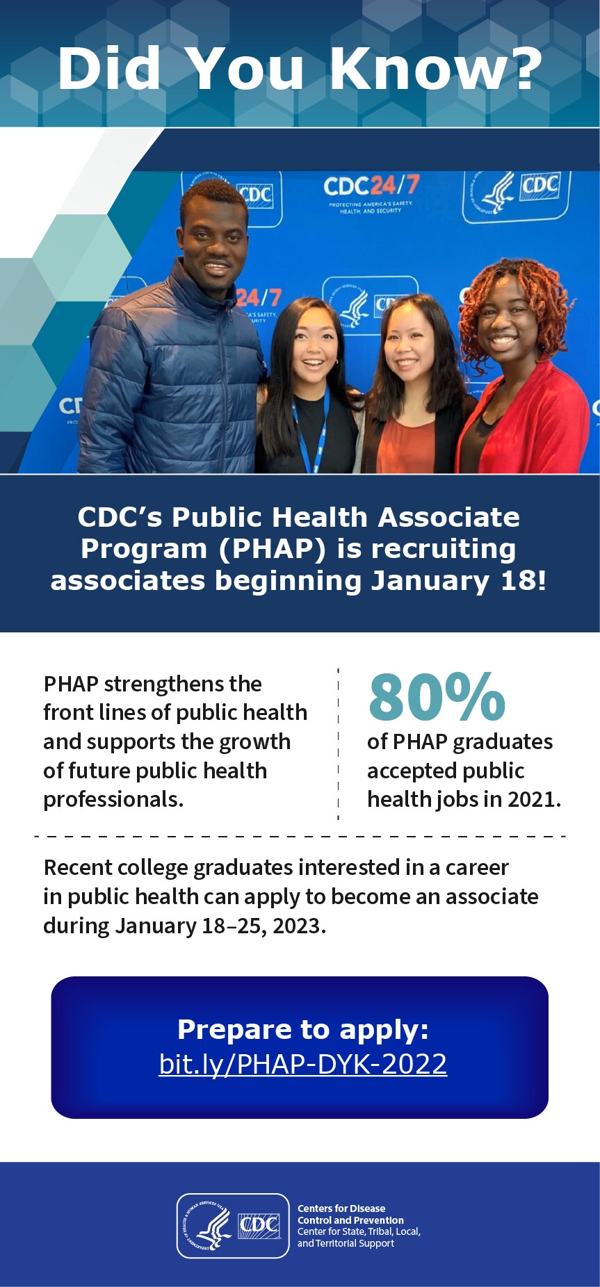 An infographic titled Did You Know? Text says: CDC’s Public Health Associate Program (PHAP) is recruiting associates beginning January 18! PHAP strengthens the front lines of public health and supports the growth of future public health professionals. 80% of PHAP graduates accepted public health jobs in 2021. Recent college graduates interested in a career in public health can apply to become an associate during January 18–25, 2023. Prepare to apply: bit.ly/PHAP-DYK-2022