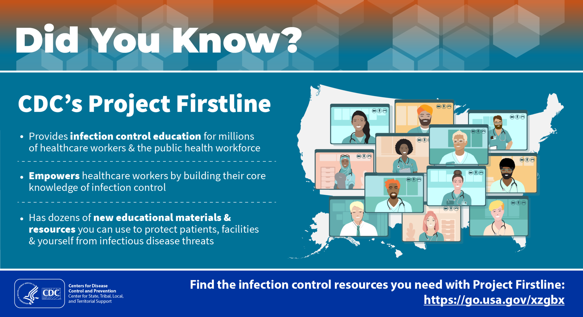 Did You Know? CDC’s Project Firstline provides infection control education for millions of healthcare workers & the public health workforce, empowers healthcare workers by building their core knowledge of infection control, and has dozens of new educational materials & resources you can use to protect patients, facilities & yourself from infectious disease threats. Find the infection control resources you need with Project Firstline: https://go.usa.gov/xzgbx