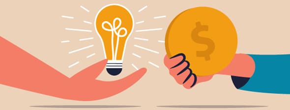 Graphic illustrated image showing 2 hands. One with lit bulb and the other holding a coin with dollar sign to depict Idea investment and support to contribute growth.