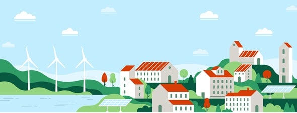Houses, buildings community with solar panels and windmills - ECO city