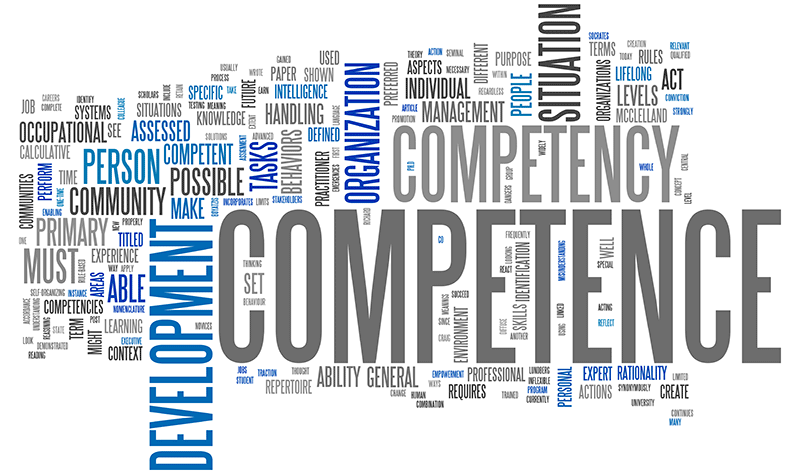 Cloud collage of words depicting knowledge, skills, abilities, and behaviors that contribute to individual and organizational performance.