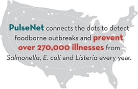 PulseNet connects the dots to detect foodborne outbreaks and prevent over 270,000 illnesses from Salmonella, E. coli and Listeria every year.