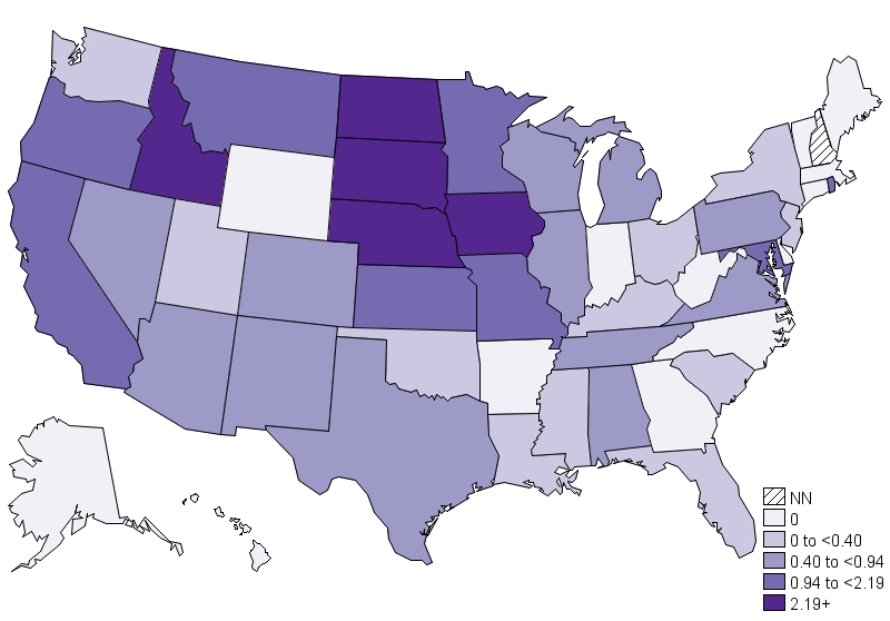 Incidencia anual de casos notificados (por millón de personas) de la fiebre Q en los Estados Unidos, 2019