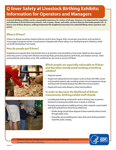Q Fever safety at livestock birthing exhibits: Information for operators and managers fact sheet thumbnail.