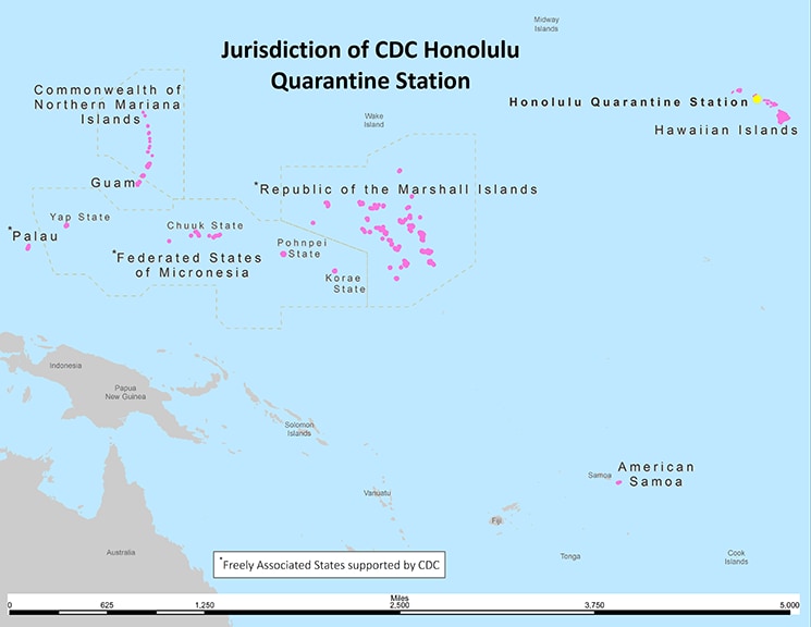Map of jurisdiction of CDC’s Honolulu Quarantine Station, which includes the Hawaiian Islands, American Samoa, Guam, Commonwealth of Northern Mariana Islands, and the Freely Associated States supported by CDC: Palau, Federated States of Micronesia, and the Republic of the Marshall Islands. An expanse of about 5,000 miles.