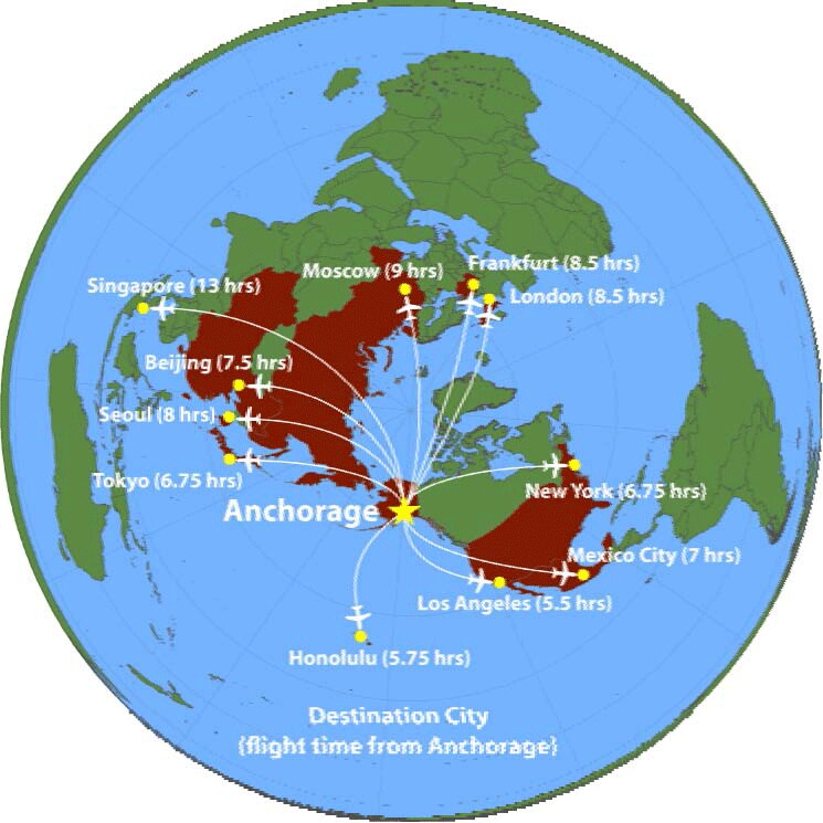 a map of the world showing the flight time from Anchorage to major cities.
