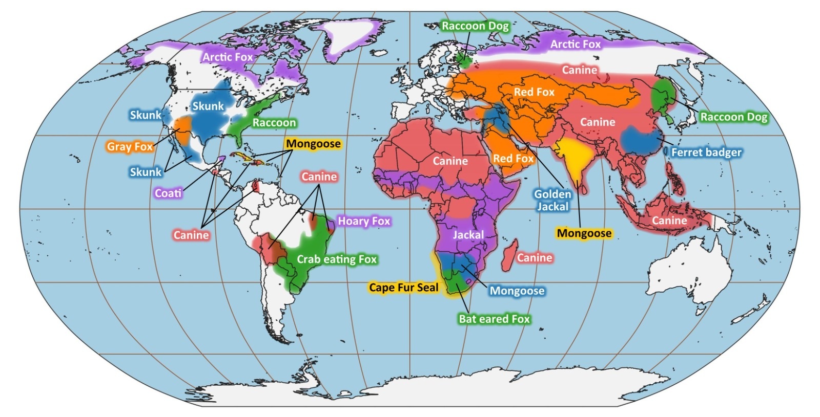 This map of the earth is color coded by which species are possible crossover species for rabies