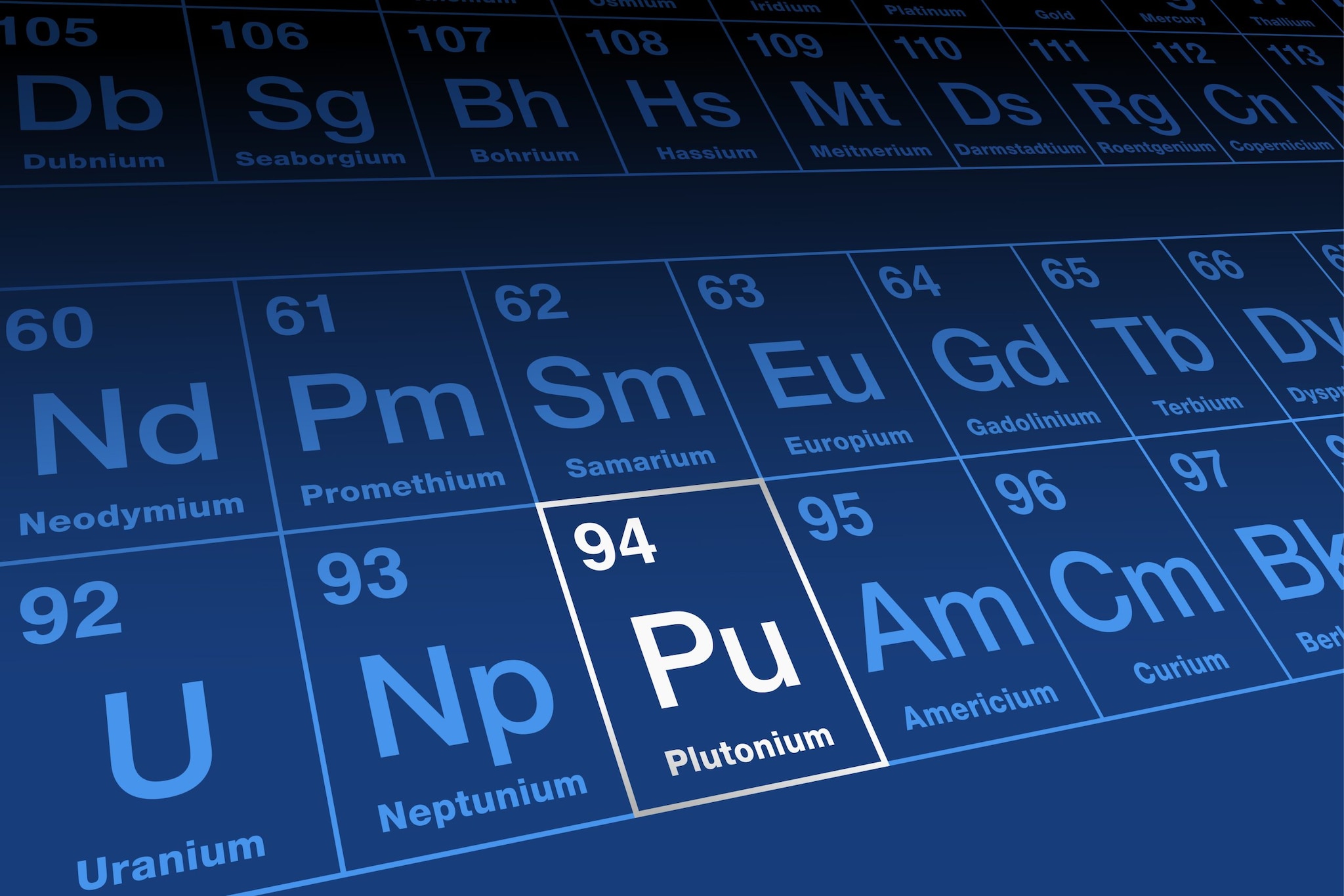 Close-up shot of the periodic table with the element Plutonium highlighted in a white box