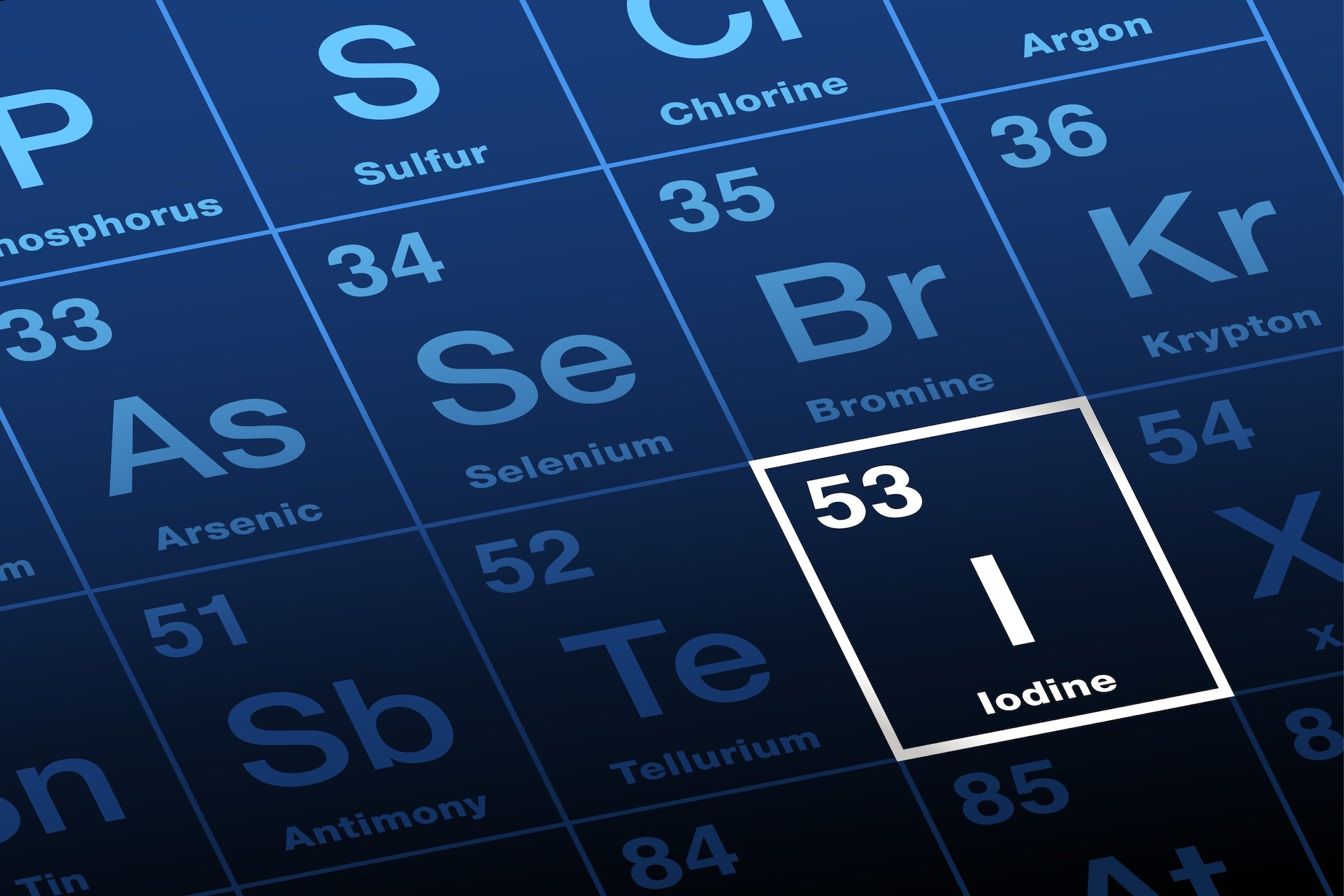 Close-up shot of the periodic table with the element Iodine highlighted in a white box