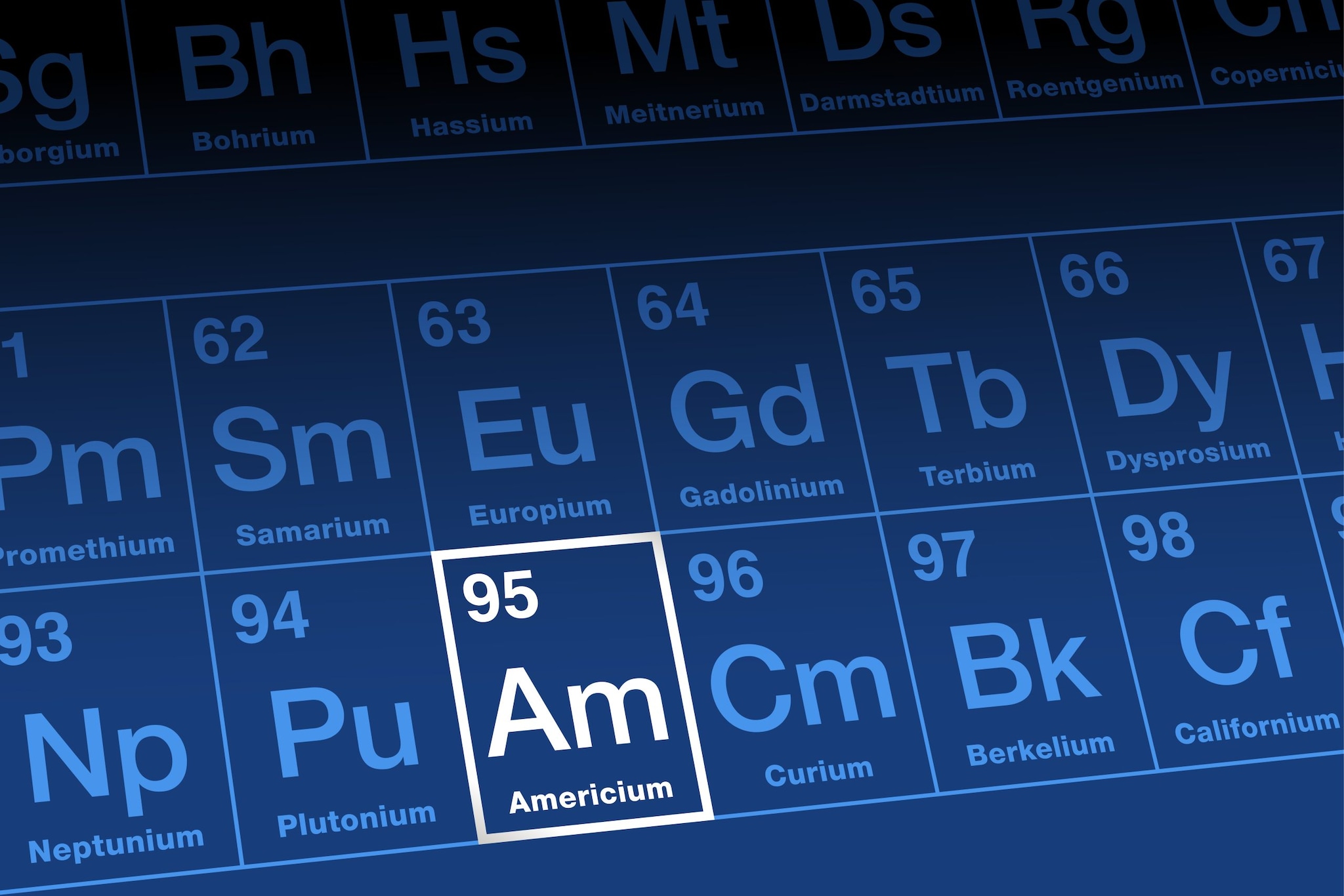 Close-up shot of the periodic table with the element Americium highlighted in a white box