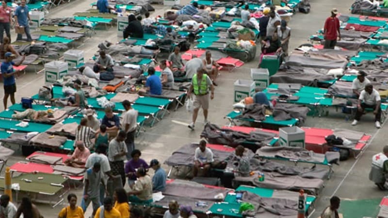 People gathererd on cots in an emergency shelter.