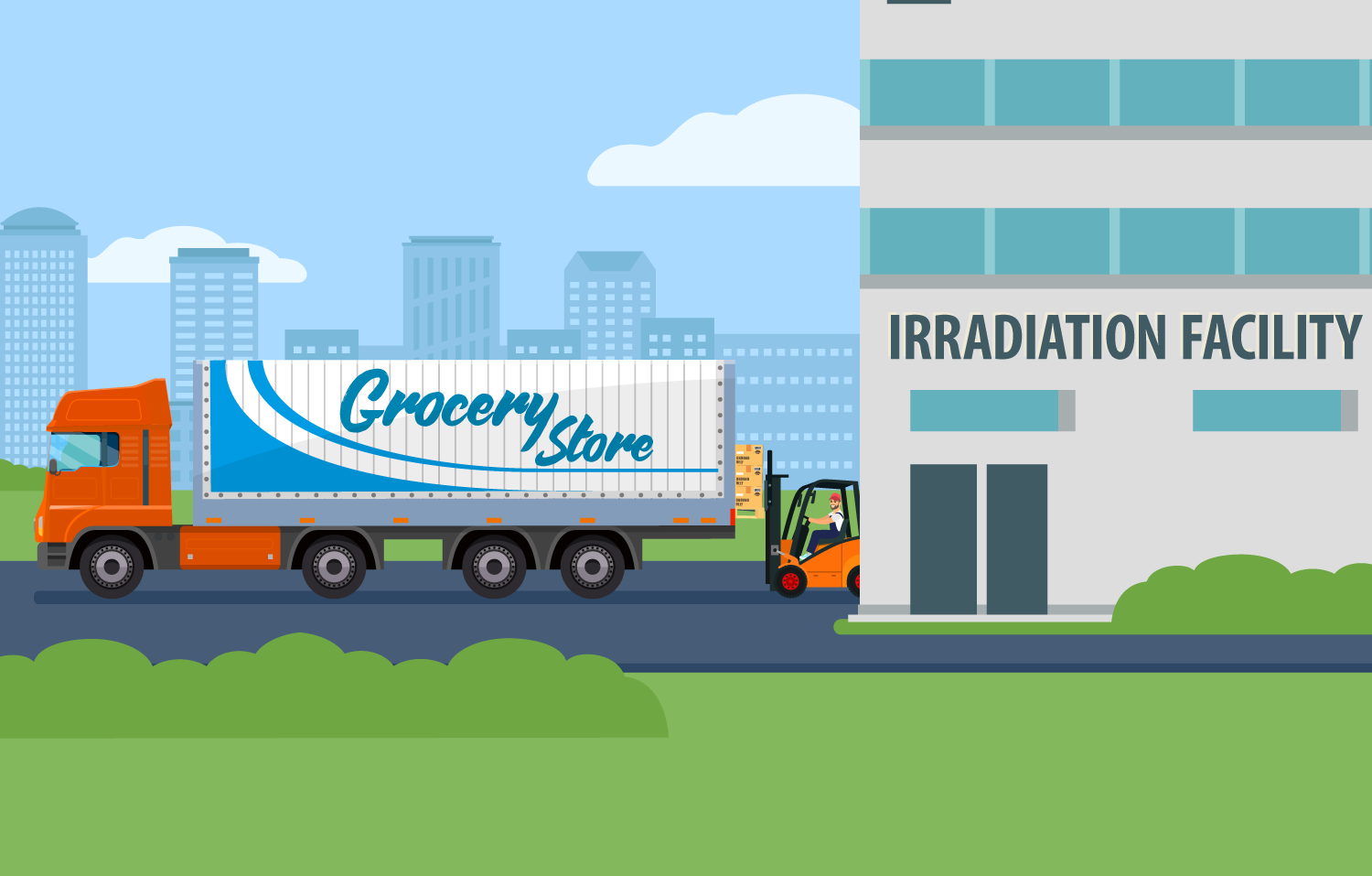 A truck is outside an irradiation facility getting ready to head to a grocery store.