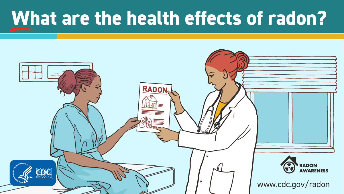 Illustration of a female doctor showing a female patient a flyer with the title RADON along with a house and set of lungs.