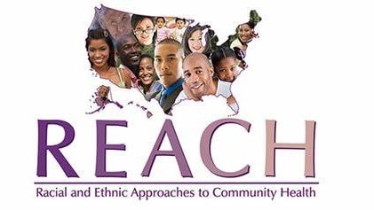 US map filled with people's faces. Text under image says: REACH Racial and Ethnic Approaches to Community Health.