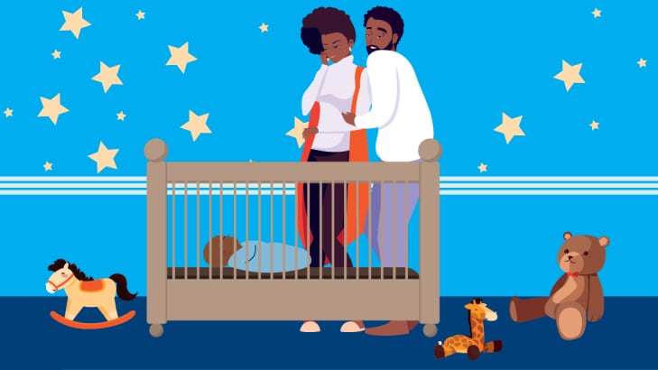 Cartoon couple standing by crib in nursery admiring baby safely sleeping on its back.