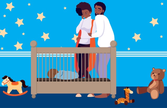 couple standing by crib with sleeping baby lying on back