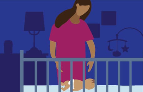 vector image of a woman putting her baby in a crib