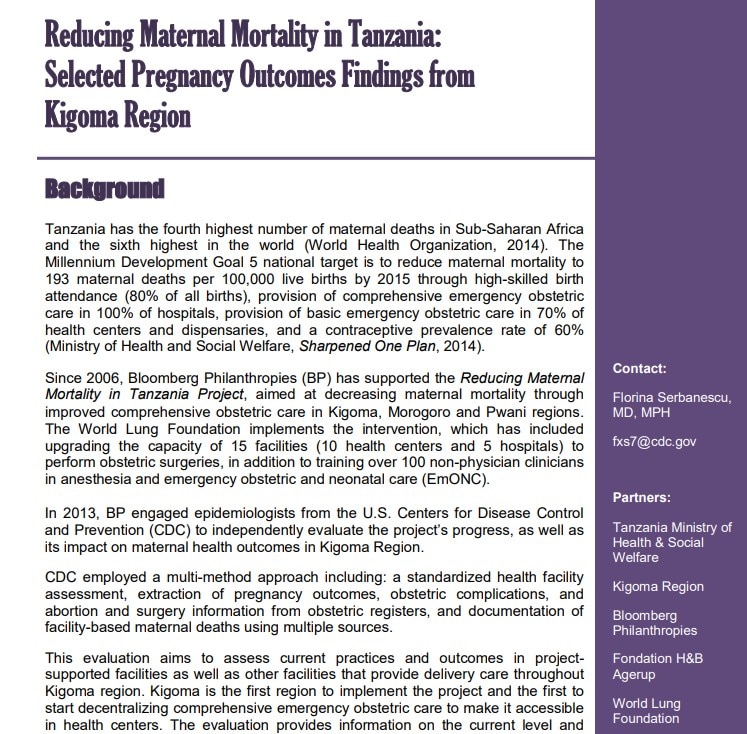 Reducing Maternal Mortality in Tanzania: Selected Pregnancy Outcomes Findings from Kigoma Region (2014)