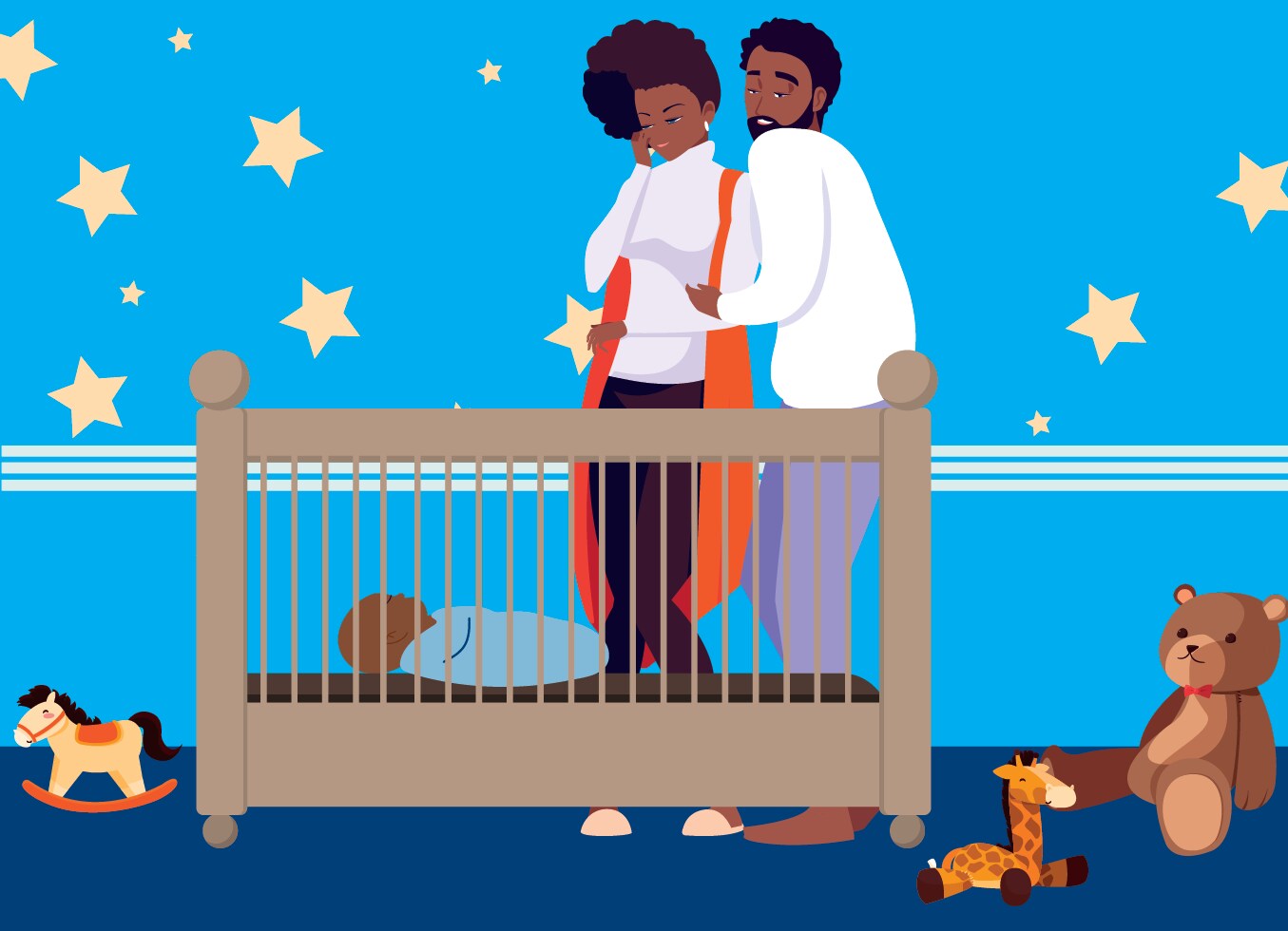 couple standing by crib with baby sleeping on back