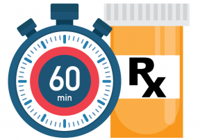 An analog stopwatch near the word Rx to represent “time to treatment”