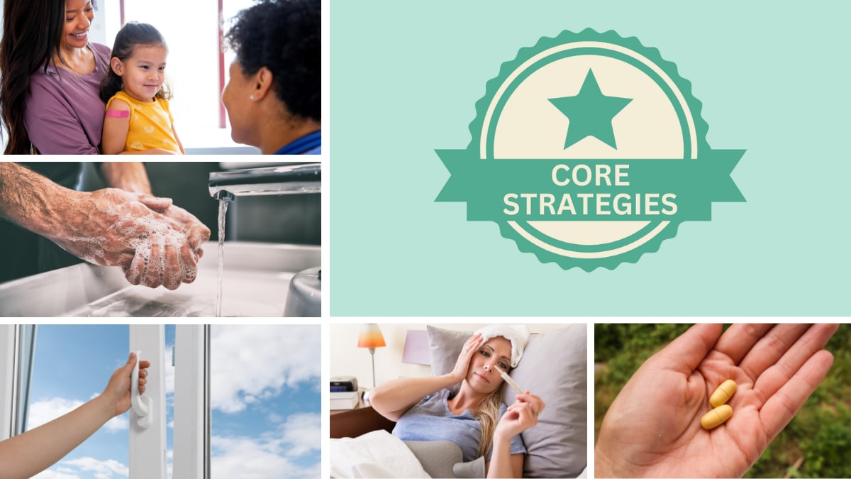 Collage de imágenes que muestran estrategias básicas para protegerse de las enfermedades respiratorias.