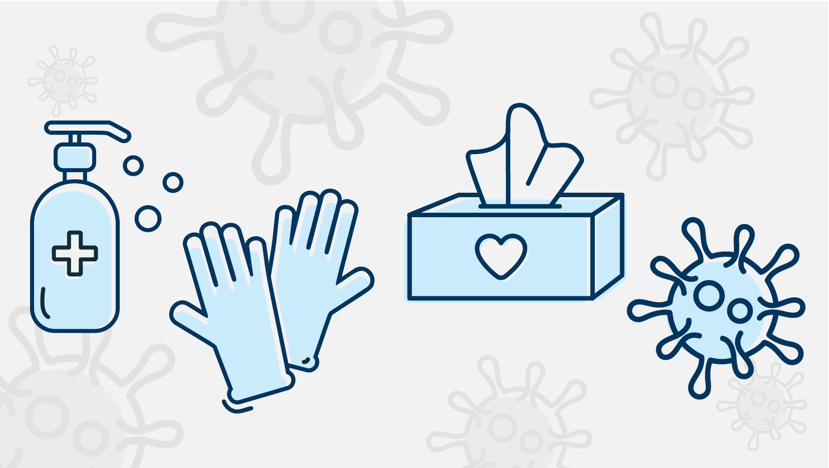 Illustration of hand sanitizer, gloves, and a tissue box with a heart, surrounded by virus icons, representing germ prevention and hygiene.