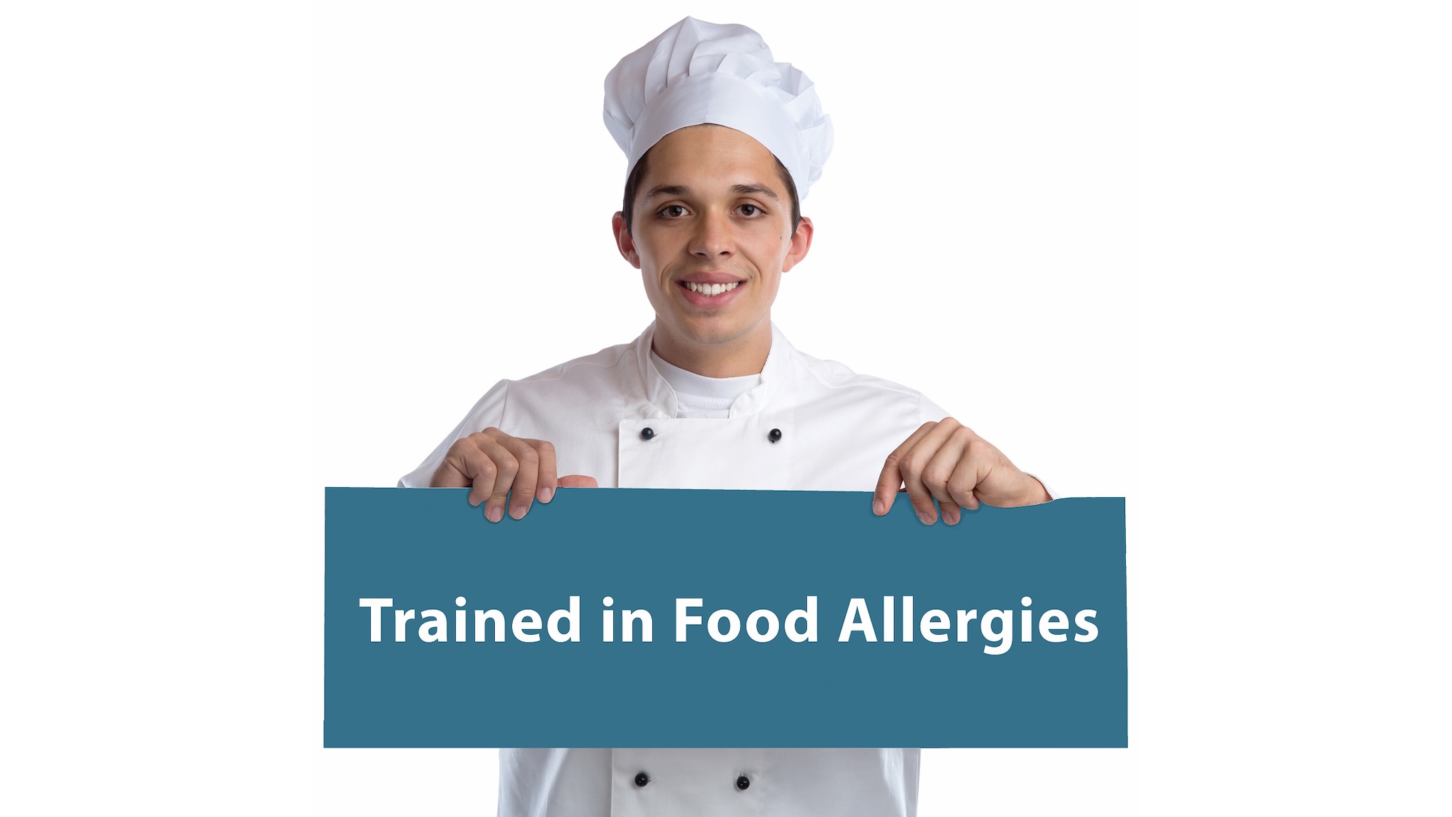 Food worker holding a sign that says "Trained in Food Allergies"