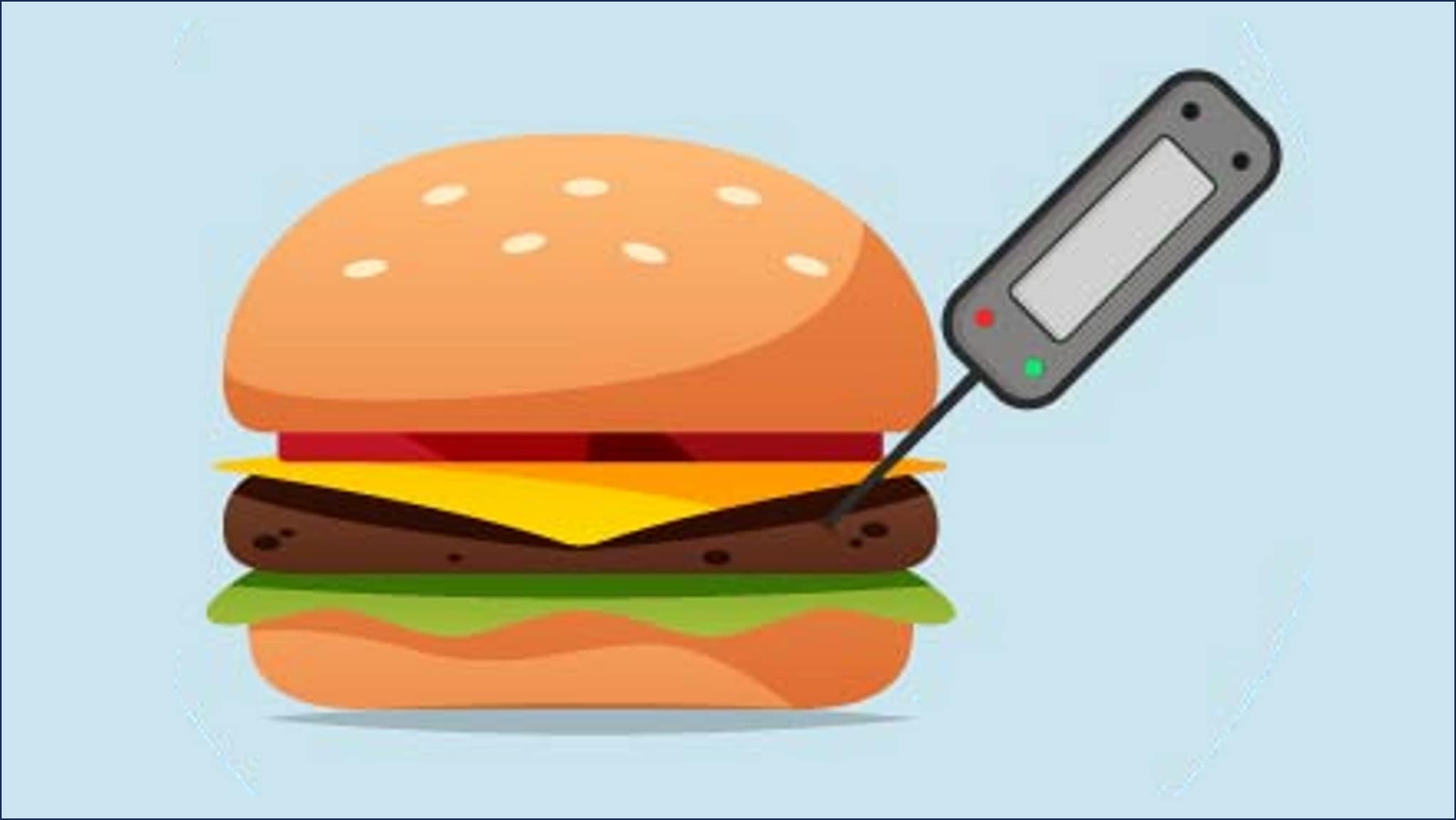 Graphic of a hamburger with a thermometer in the meat.