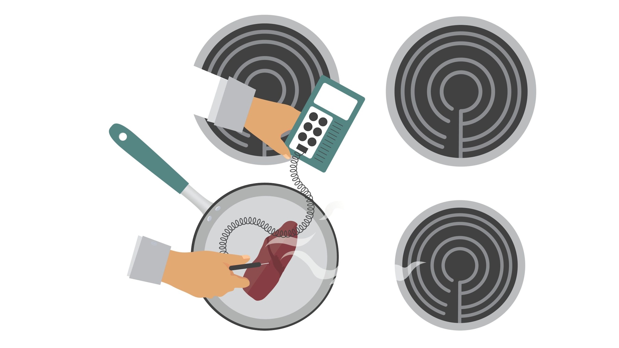 Graphic of stove top with pan and meat; hands are holding a thermometer in the meat.