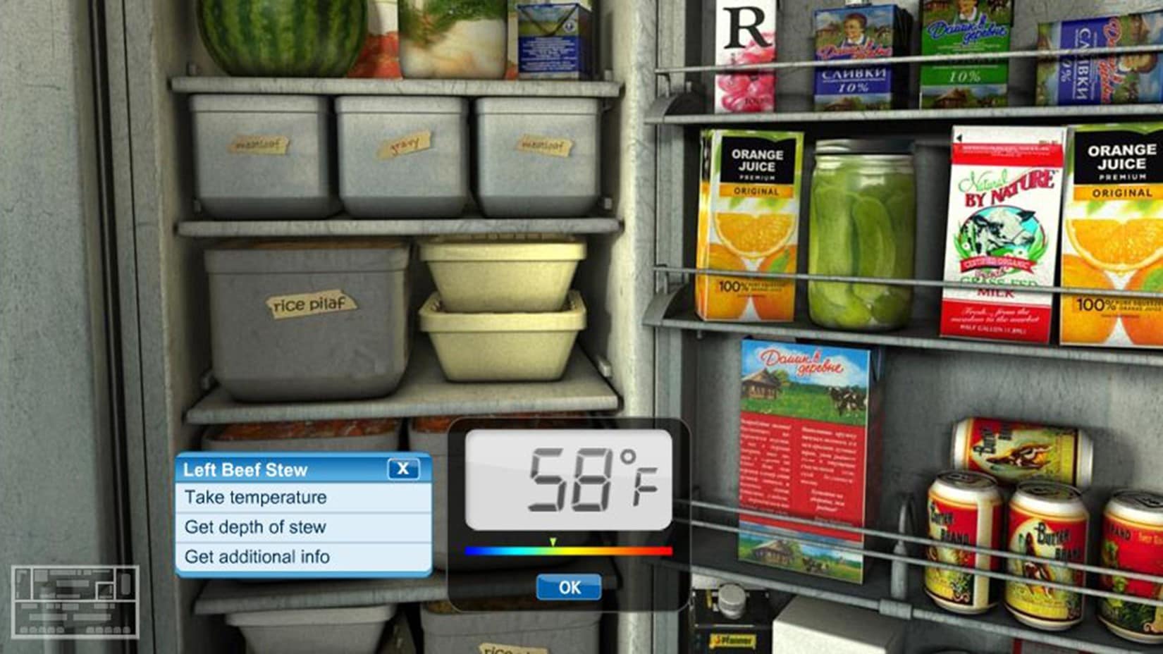 Graphic of a restaurant refrigerator with a popup box with temperature.