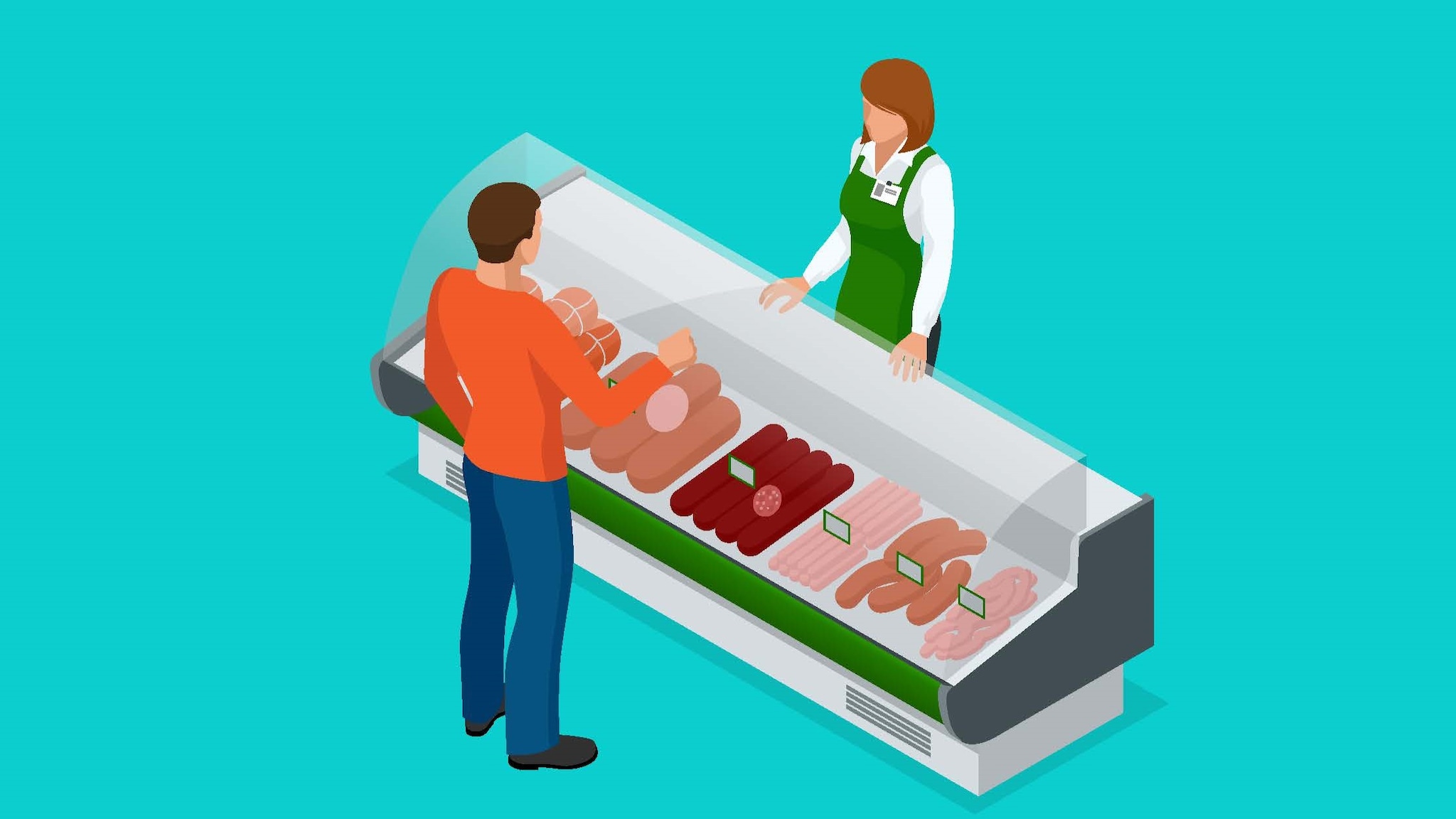 Graphic of a deli counter with a food worker and customer.