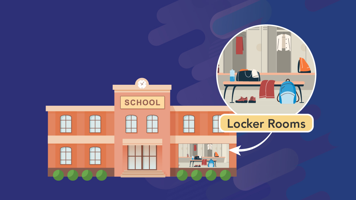 School with a pop out to enlarge the view of a locker room with athletic gear.
