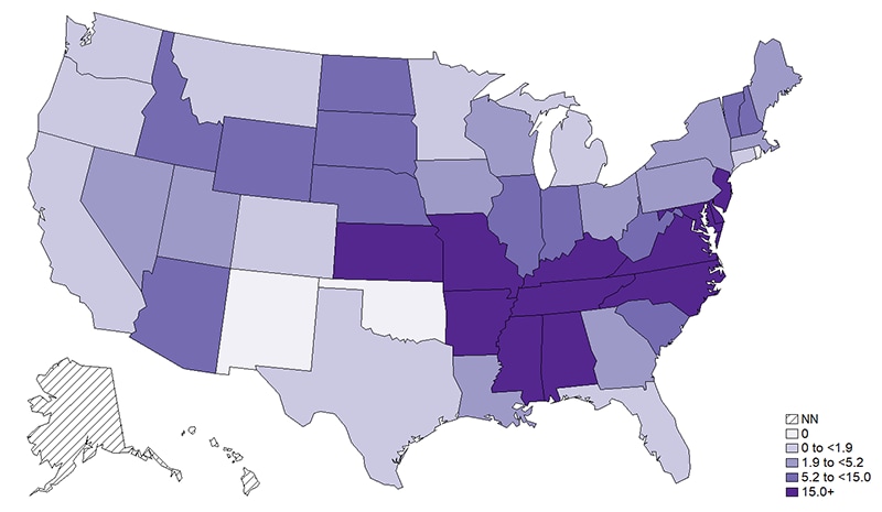 Incidencia anual (por millón de personas) de rickettsiosis de fiebre manchada en los Estados Unidos