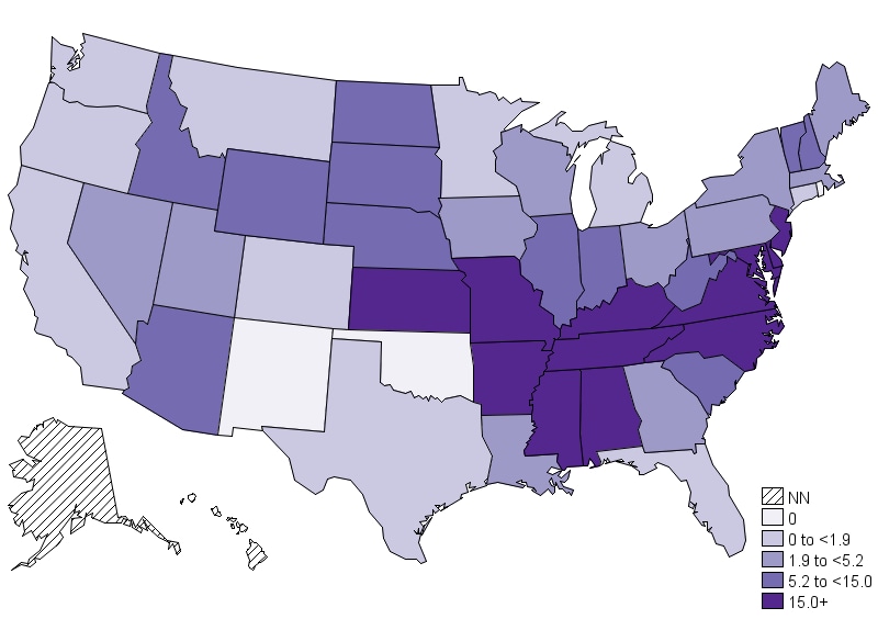 Map of the US showing annual incidence (per million persons) for SFR in 2019. See table below for data.