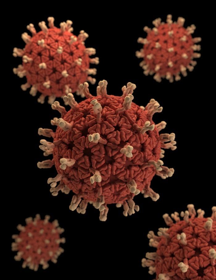 3D graphical representation of a number of Rotavirus virions.