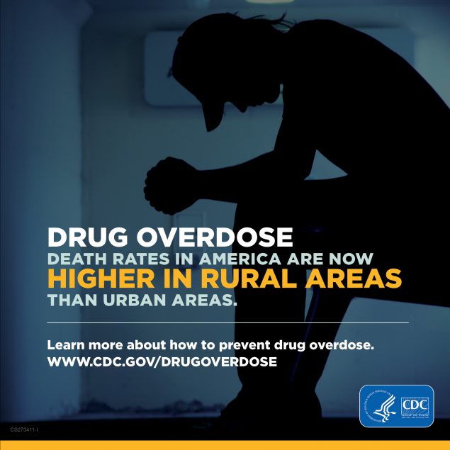 Person waiting on bench with overlay text "Drug overdose death rates in America are now higher in rural areas than urban areas. Learn more about how to prevent drug overdose at www.cdc.gov/drugoverdose."