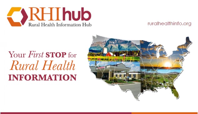 An image of the United States borders with images in the background. Text to the left states "RHIhub: Rural Health Information Hub. Your First STOP for Rural Health information. ruralhealthinfo.org.