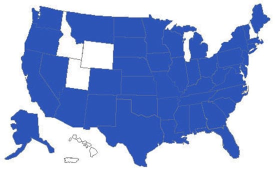 Map: Persons infected with the outbreak strain of Salmonella Tennessee, by state of residence, as of March 7, 2007 (n=425). The states that have reported cases are Alaska (1 case), Alabama (10), Arkansas (3), Arizona (5), California (5), Colorado (13), Connecticut (3), Delaware (1), Florida (7), Georgia (21), Iowa (8), Illinois (11), Indiana (16), Kansas (10), Kentucky (11), Louisiana (1), Massachusetts (10), Maryland (2), Maine (1), Michigan (9), Minnesota (7), Missouri (20), Mississippi (6), Montana (2), Nebraska (2), Nevada (1), New Jersey (6), New Mexico (1), New York (48), North Carolina (25), North Dakota (1), Ohio (13), Oklahoma (12), Oregon (2), Pennsylvania (30), South Carolina (10), South Dakota (6), Tennessee (19), Texas (16), Virginia (27), Vermont (7), Washington (4), Wisconsin (7), and West Virginia (5)