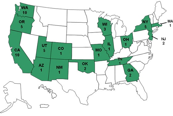 Map of Persons infected with the outbreak strain of Salmonella Litchfield, by state of residence, as of April 2, 2008 (n=51)