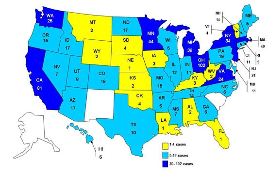 Final Case Count Map: Persons infected with the outbreak strain of Salmonella Typhimurium, by state of residence, as of April 20, 2009 (n=714)