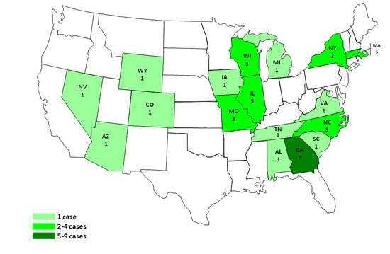 Final Case Count Map: Persons infected with the outbreak strain of Salmonella I 4,[5],12:i:-, by state, as of July 29, 2010 (n=34)